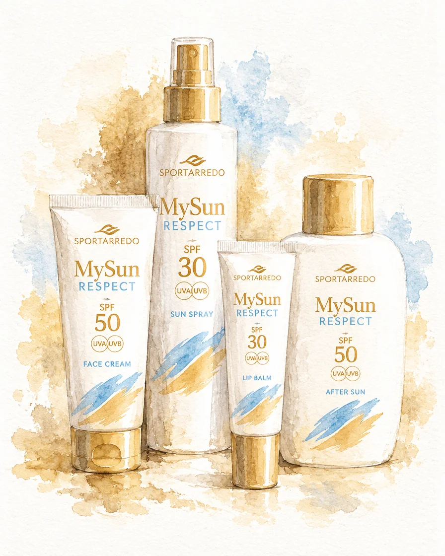 Ilustración en acuarela de productos de cosmética solar