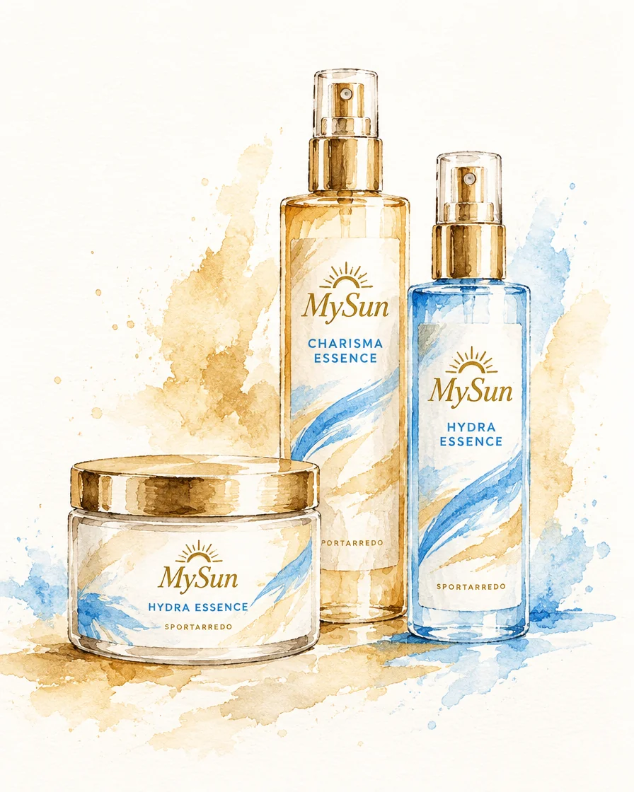Ilustración en acuarela de productos de cosmética solar