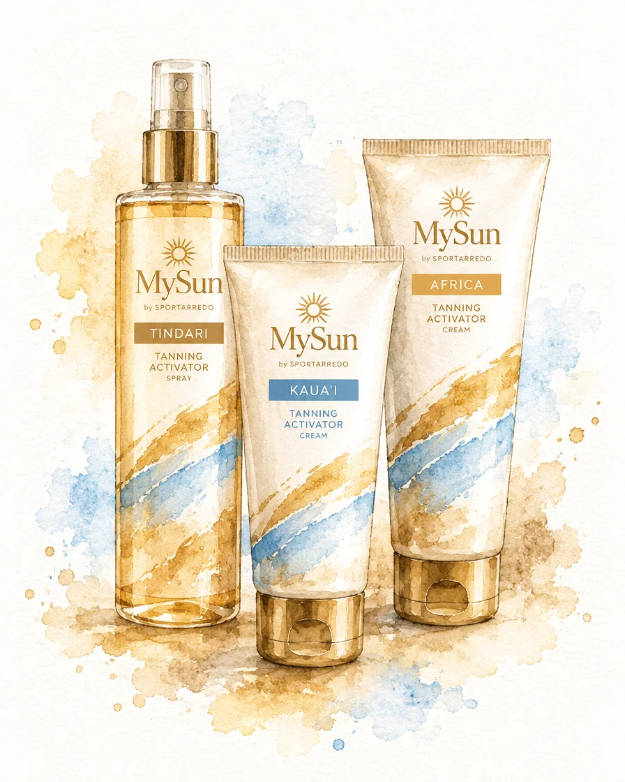 Ilustración en acuarela de productos de cosmética solar